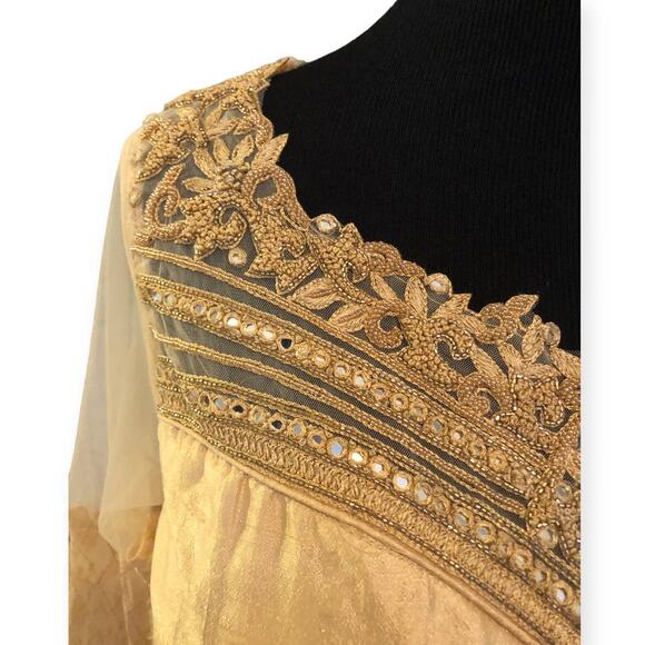 Anarkali Suit With Bandhani Dupatta Royal Neckline Gold Embellishment - Picture 6 of 9